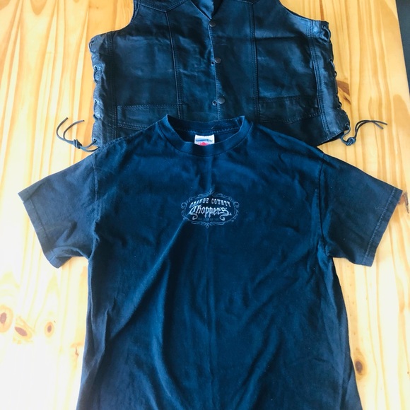 HOT LEATHERS Motorcycle Vest Men's L Leather Black Biker Snap VTG And a Tshirt M - Picture 5 of 16